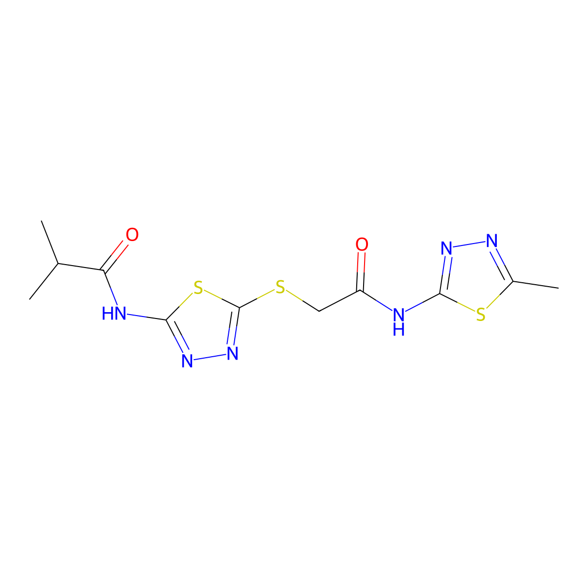N-(5-((2-((5-methyl-1,3,4-thiadiazol-2-yl)amino)-2-oxoethyl)thio)-1,3,4-thiadiazol-2-yl)isobutyramide molecular structure, CAS 392318-80-8