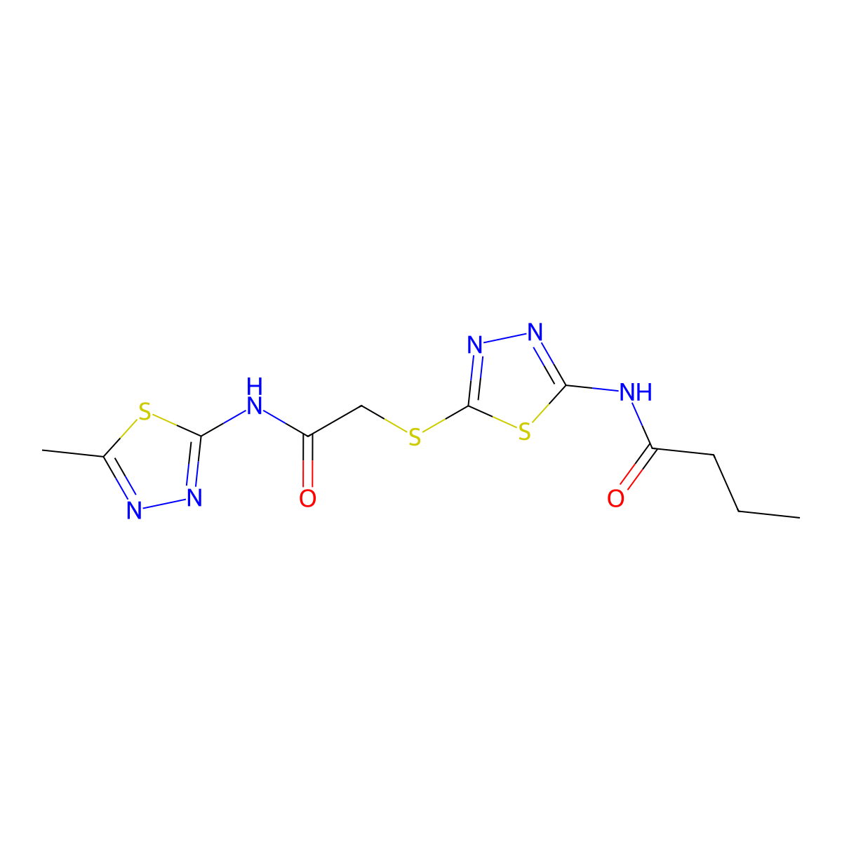 N-(5-((2-((5-methyl-1,3,4-thiadiazol-2-yl)amino)-2-oxoethyl)thio)-1,3,4-thiadiazol-2-yl)butyramide molecular structure, CAS 392318-82-0