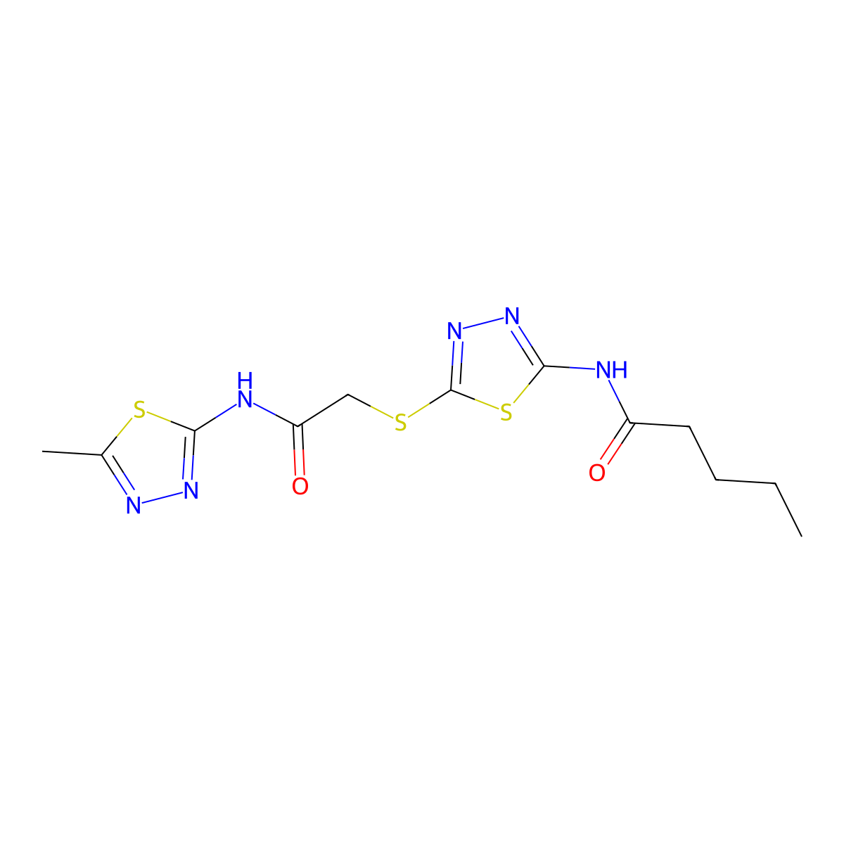 N-(5-((2-((5-methyl-1,3,4-thiadiazol-2-yl)amino)-2-oxoethyl)thio)-1,3,4-thiadiazol-2-yl)pentanamide molecular structure, CAS 392318-84-2