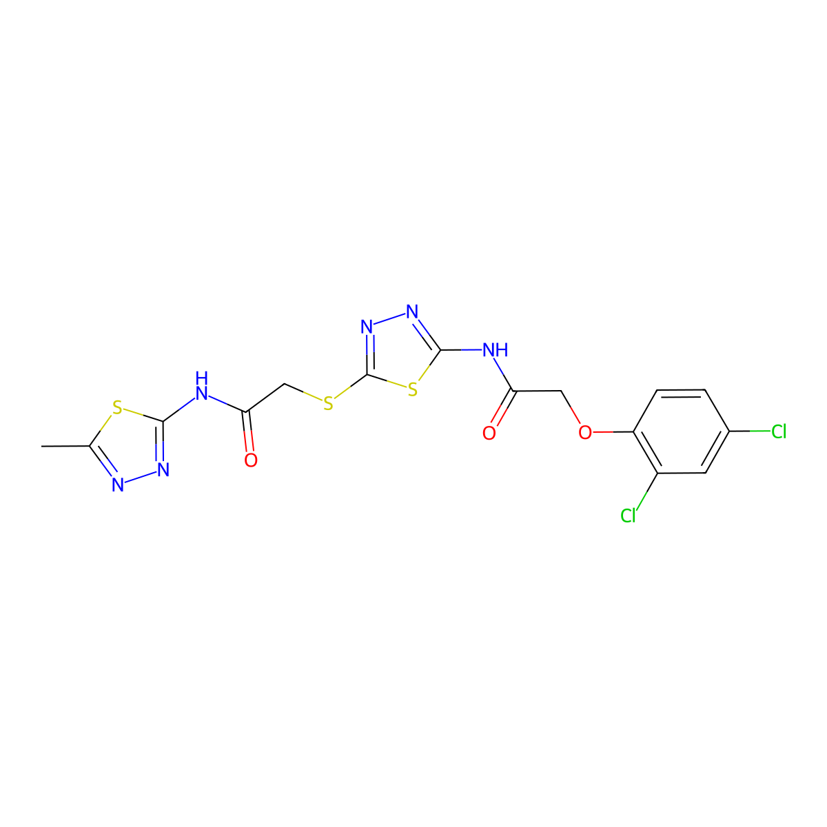 2-(2,4-dichlorophenoxy)-N-[5-[2-[(5-methyl-1,3,4-thiadiazol-2-yl)amino]-2-oxoethyl]sulfanyl-1,3,4-thiadiazol-2-yl]acetamide molecular structure, CAS 392318-88-6