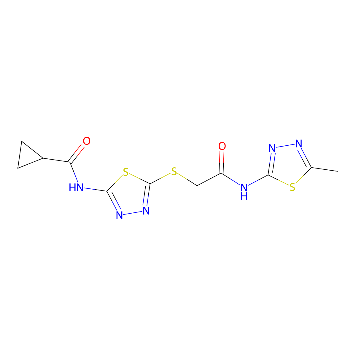 N-(5-((2-((5-methyl-1,3,4-thiadiazol-2-yl)amino)-2-oxoethyl)thio)-1,3,4-thiadiazol-2-yl)cyclopropanecarboxamide molecular structure, CAS 392318-92-2