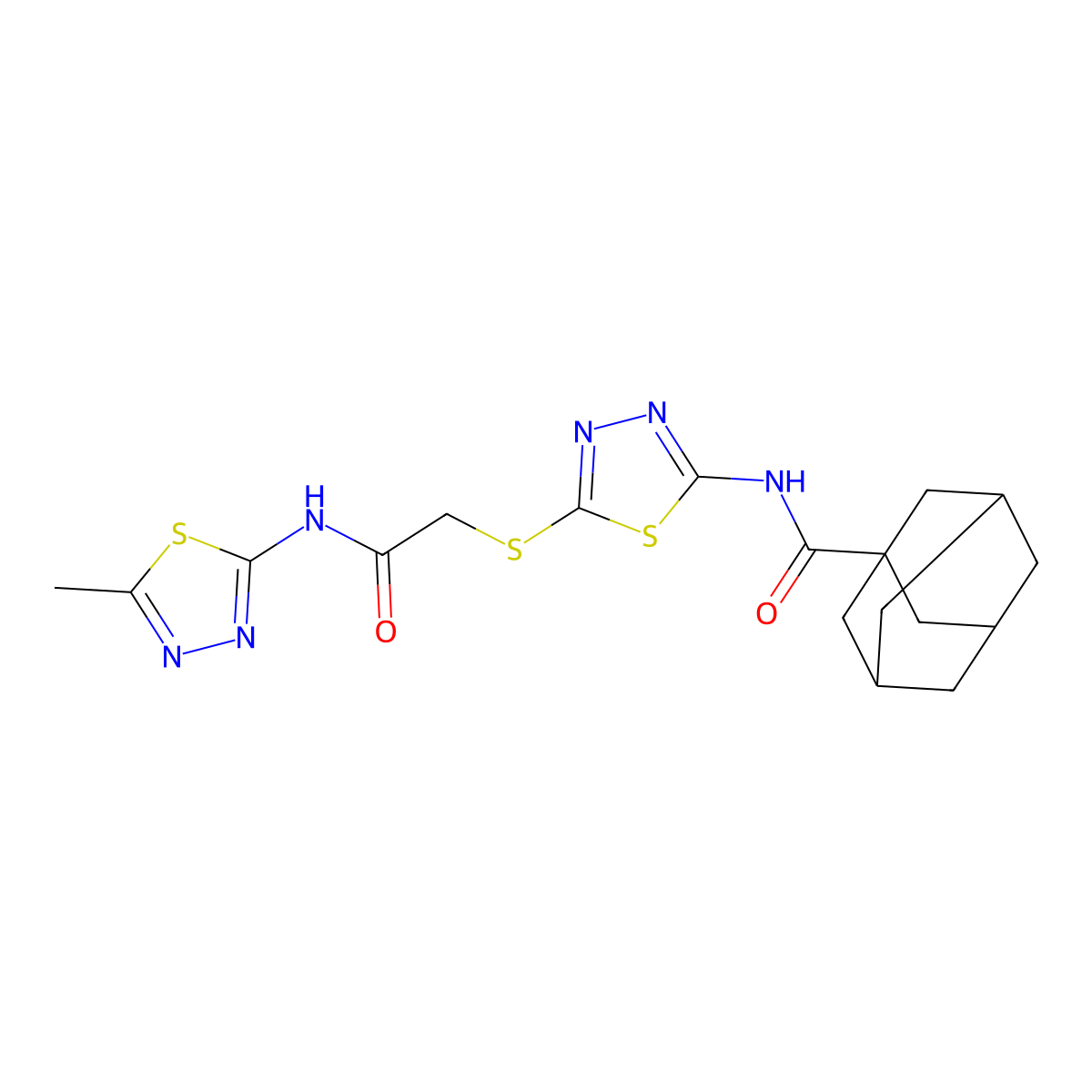 N-[5-[2-[(5-methyl-1,3,4-thiadiazol-2-yl)amino]-2-oxoethyl]sulfanyl-1,3,4-thiadiazol-2-yl]adamantane-1-carboxamide molecular structure, CAS 392318-93-3