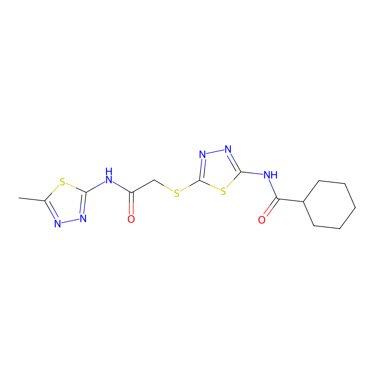 N-[5-[2-[(5-methyl-1,3,4-thiadiazol-2-yl)amino]-2-oxoethyl]sulfanyl-1,3,4-thiadiazol-2-yl]cyclohexanecarboxamide molecular structure, CAS 392318-98-8
