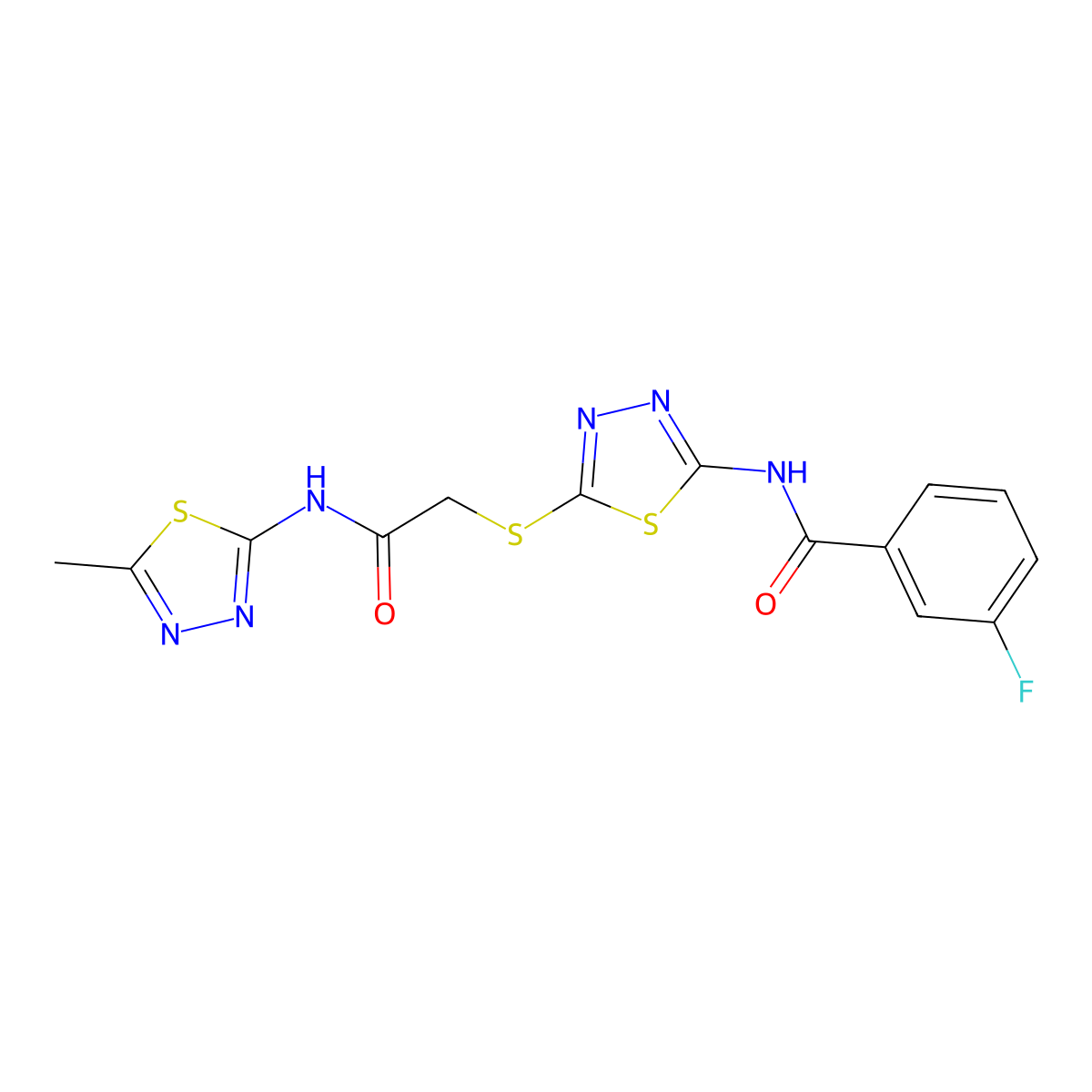 3-fluoro-N-(5-((2-((5-methyl-1,3,4-thiadiazol-2-yl)amino)-2-oxoethyl)thio)-1,3,4-thiadiazol-2-yl)benzamide molecular structure, CAS 392319-23-2