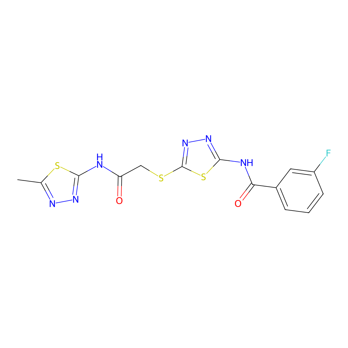 3-fluoro-N-(5-((2-((5-methyl-1,3,4-thiadiazol-2-yl)amino)-2-oxoethyl)thio)-1,3,4-thiadiazol-2-yl)benzamide molecular structure, CAS 392319-23-2