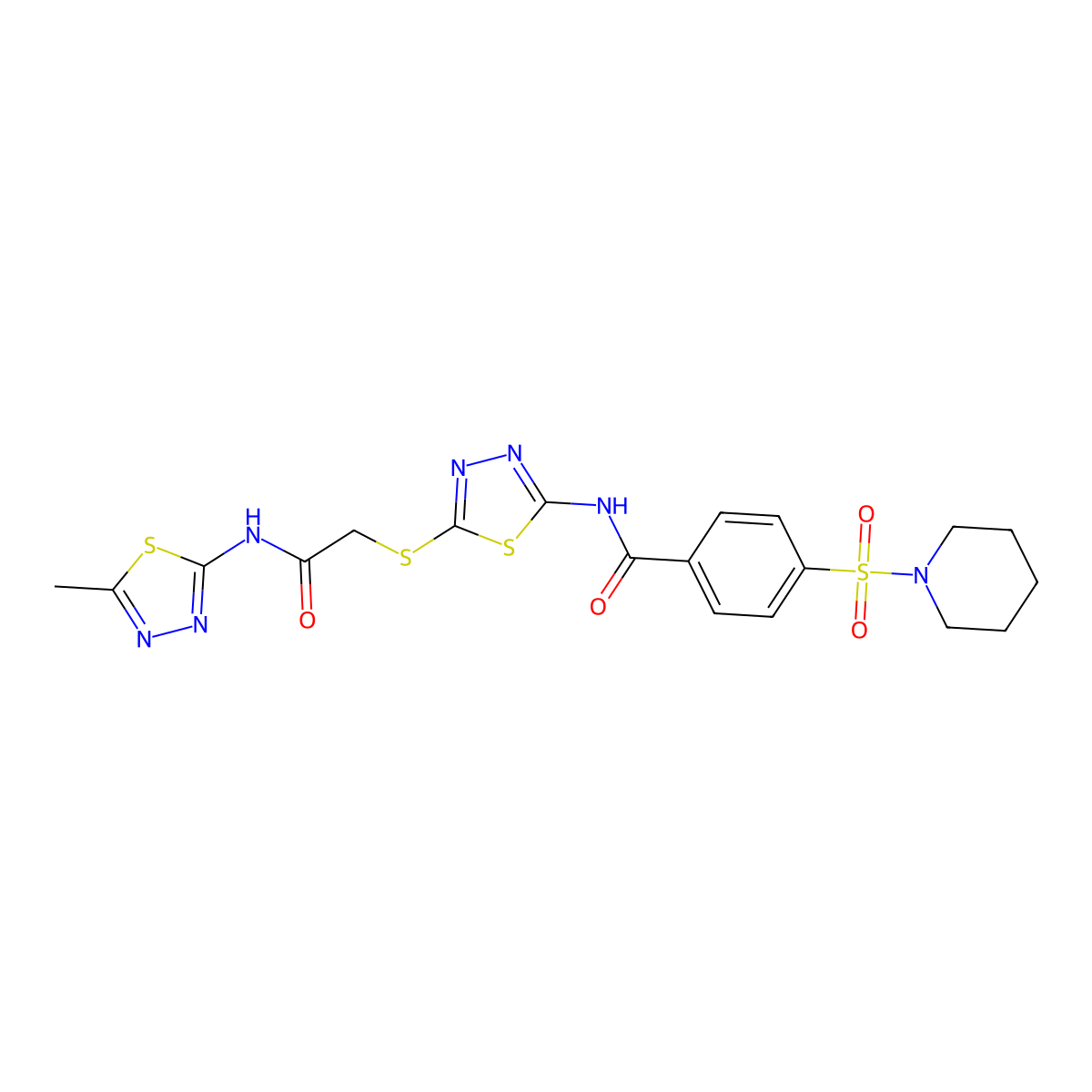 N-(5-((2-((5-methyl-1,3,4-thiadiazol-2-yl)amino)-2-oxoethyl)thio)-1,3,4-thiadiazol-2-yl)-4-(piperidin-1-ylsulfonyl)benzamide molecular structure, CAS 392319-40-3