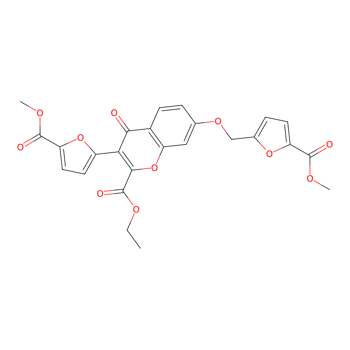 ethyl 3-[5-(methoxycarbonyl)furan-2-yl]-7-{[5-(methoxycarbonyl)furan-2-yl]methoxy}-4-oxo-4H-chromene-2-carboxylate molecular structure, CAS 39232-63-8