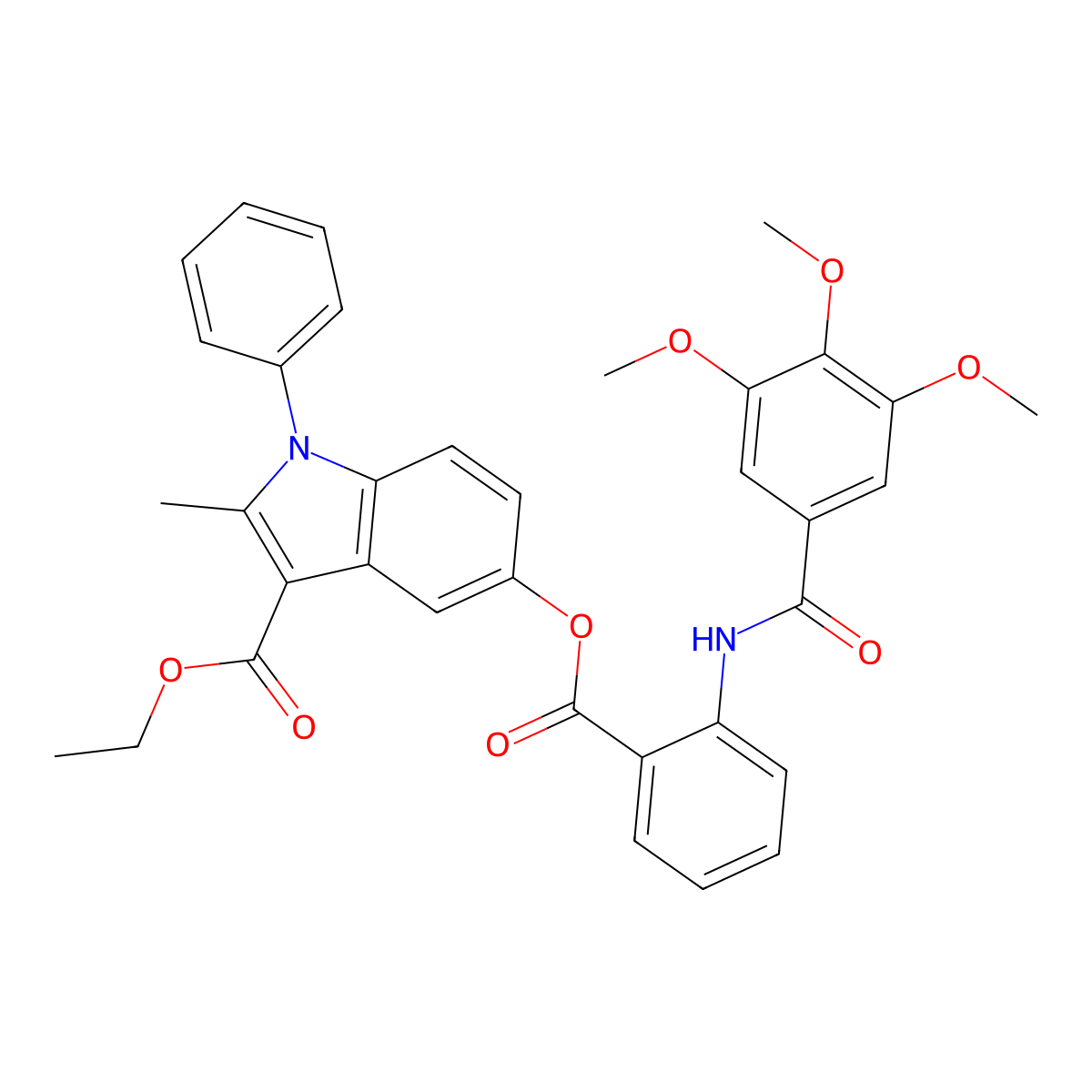 ethyl 2-methyl-1-phenyl-5-((2-(3,4,5-trimethoxybenzamido)benzoyl)oxy)-1H-indole-3-carboxylate molecular structure, CAS 392320-01-3