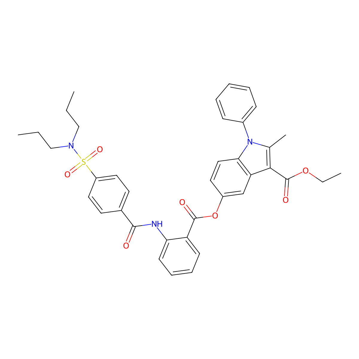 ethyl 5-((2-(4-(N,N-dipropylsulfamoyl)benzamido)benzoyl)oxy)-2-methyl-1-phenyl-1H-indole-3-carboxylate molecular structure, CAS 392320-05-7