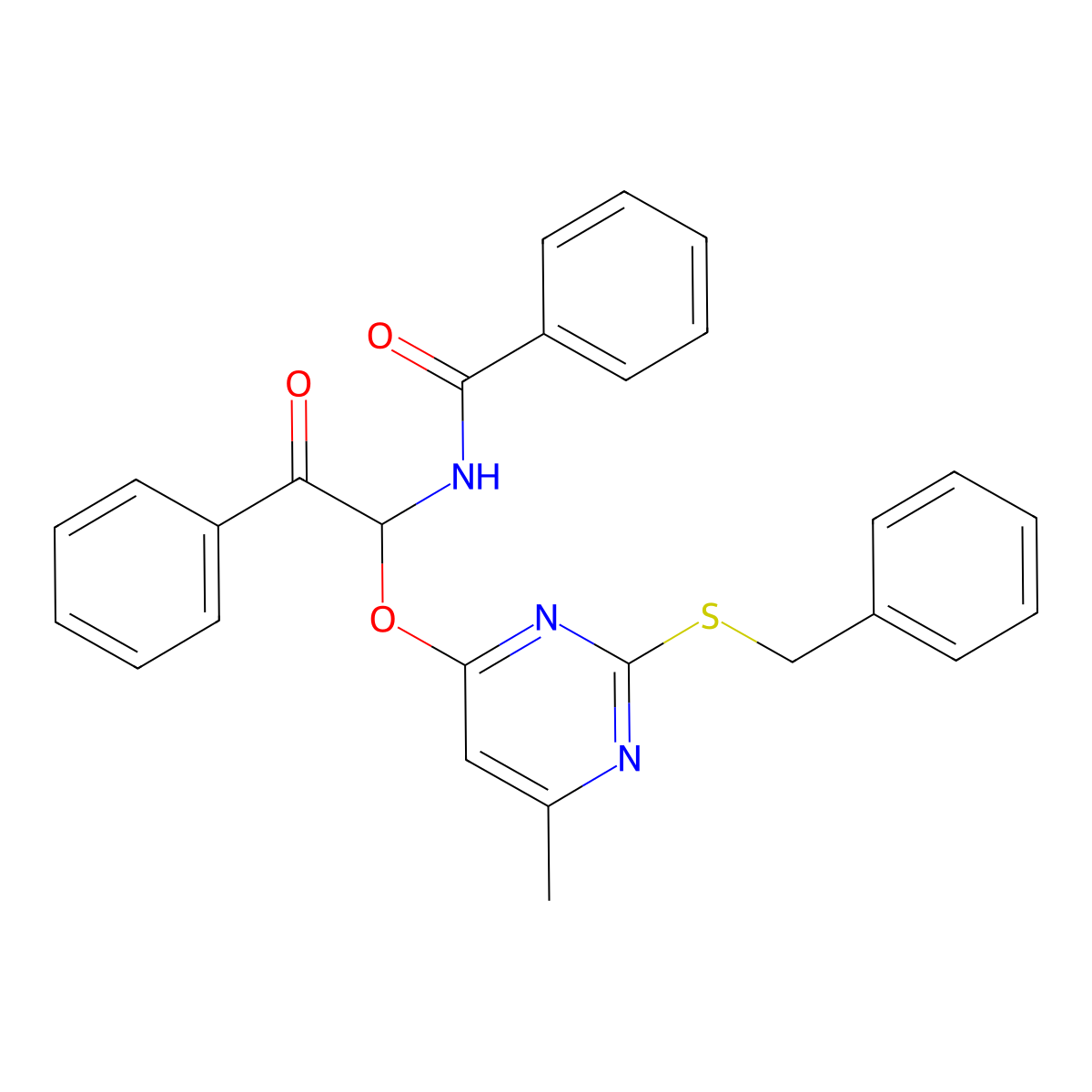 N-(1-{[2-(benzylsulfanyl)-6-methylpyrimidin-4-yl]oxy}-2-oxo-2-phenylethyl)benzamide molecular structure, CAS 392321-54-9