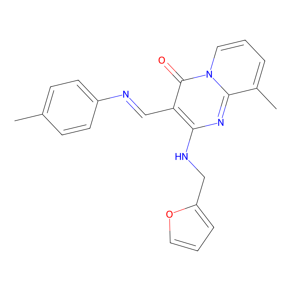 (E)-2-((furan-2-ylmethyl)amino)-9-methyl-3-((p-tolylimino)methyl)-4H-pyrido[1,2-a]pyrimidin-4-one molecular structure, CAS 392321-58-3