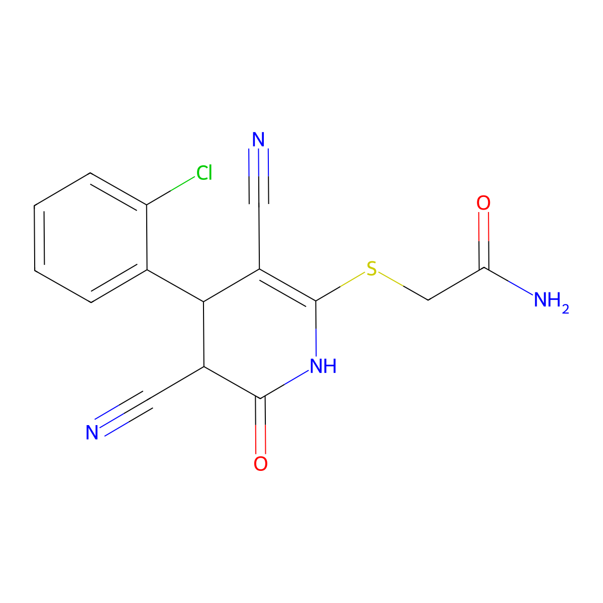 2-((4-(2-Chlorophenyl)-3,5-dicyano-6-oxo-1,4,5,6-tetrahydropyridin-2-yl)thio)acetamide molecular structure, CAS 392321-60-7