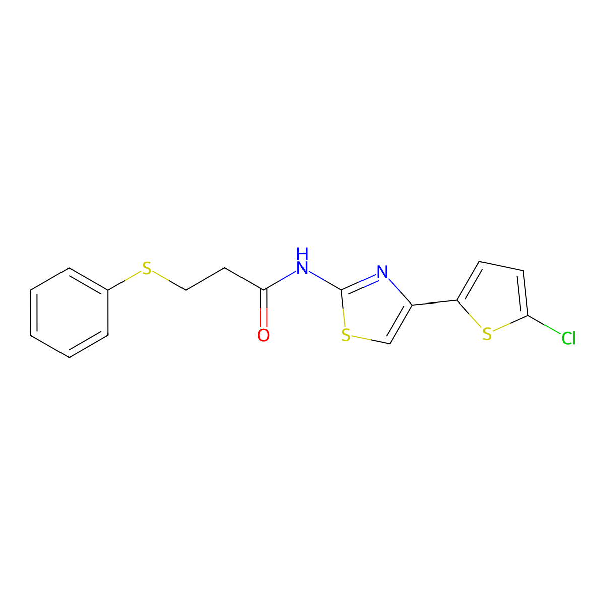 N-(4-(5-chlorothiophen-2-yl)thiazol-2-yl)-3-(phenylthio)propanamide molecular structure, CAS 392322-61-1