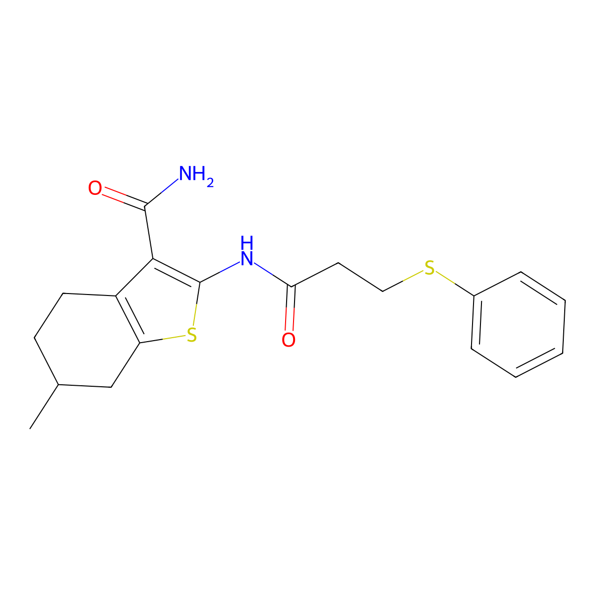 6-Methyl-2-(3-(phenylthio)propanamido)-4,5,6,7-tetrahydrobenzo[b]thiophene-3-carboxamide molecular structure, CAS 392322-71-3