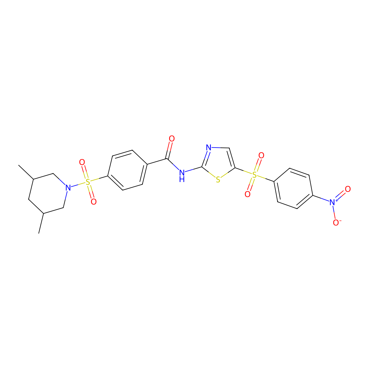 4-((3,5-dimethylpiperidin-1-yl)sulfonyl)-N-(5-((4-nitrophenyl)sulfonyl)thiazol-2-yl)benzamide molecular structure, CAS 392323-71-6