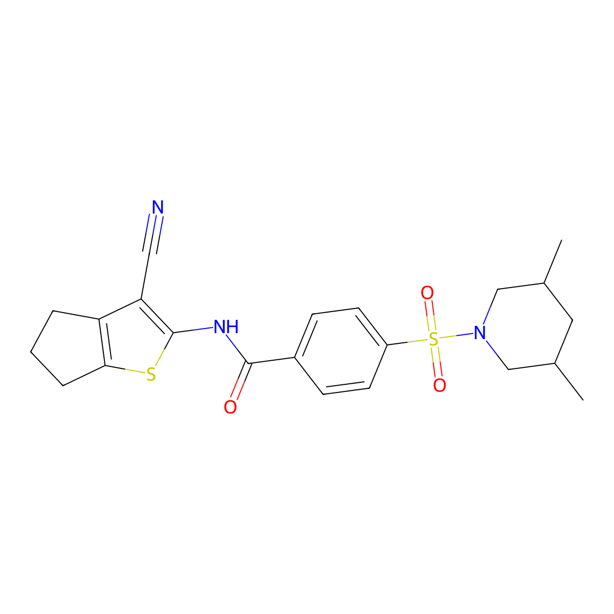 N-(3-cyano-5,6-dihydro-4H-cyclopenta[b]thiophen-2-yl)-4-((3,5-dimethylpiperidin-1-yl)sulfonyl)benzamide molecular structure, CAS 392323-81-8