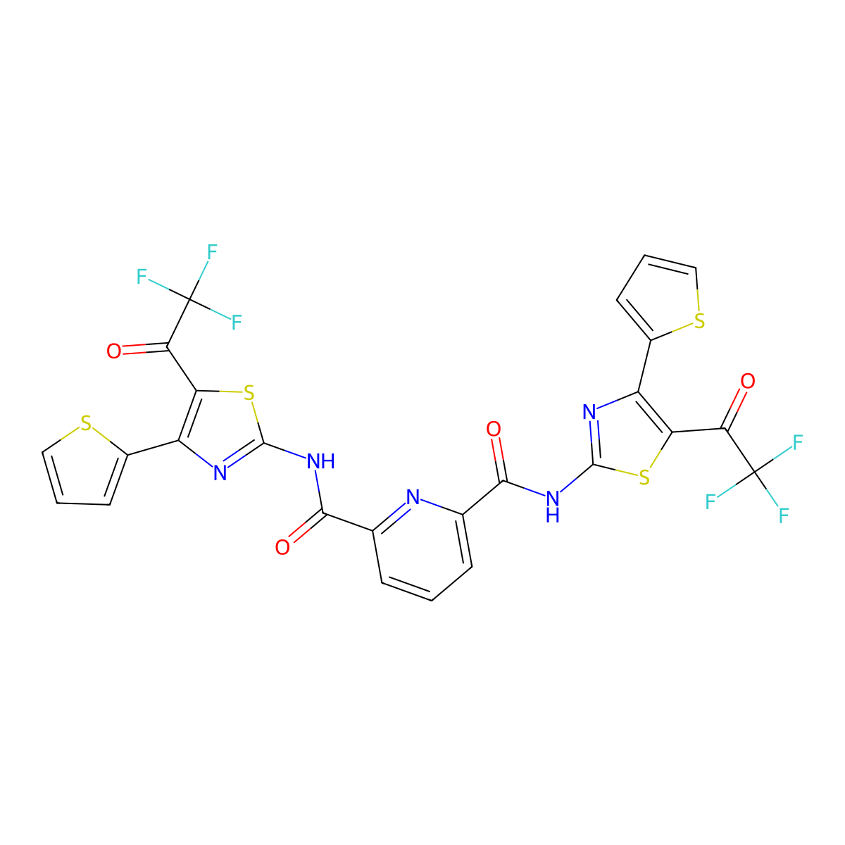 N2,N6-bis(4-(thiophen-2-yl)-5-(2,2,2-trifluoroacetyl)thiazol-2-yl)pyridine-2,6-dicarboxamide molecular structure, CAS 392325-20-1