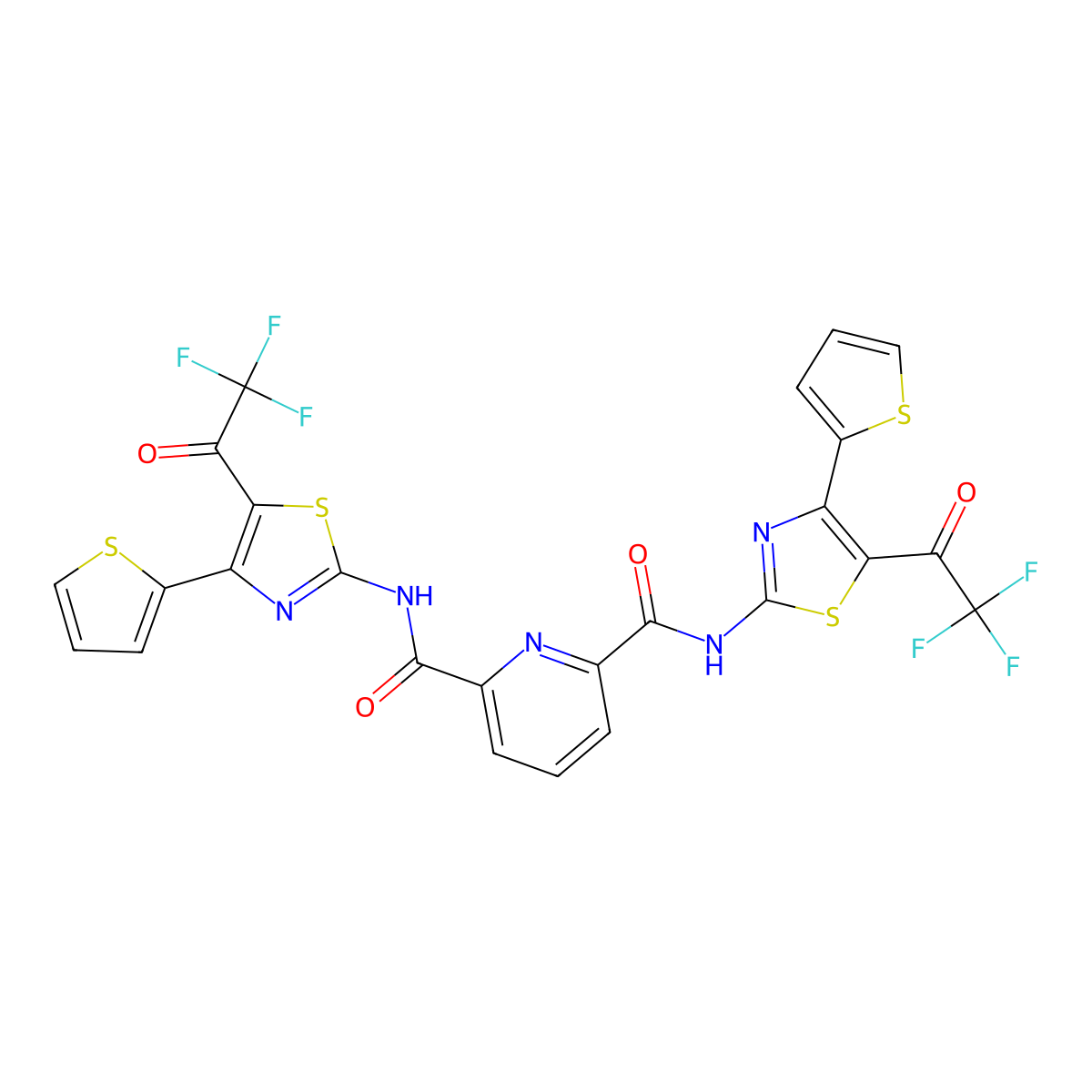 N2,N6-bis(4-(thiophen-2-yl)-5-(2,2,2-trifluoroacetyl)thiazol-2-yl)pyridine-2,6-dicarboxamide molecular structure, CAS 392325-20-1