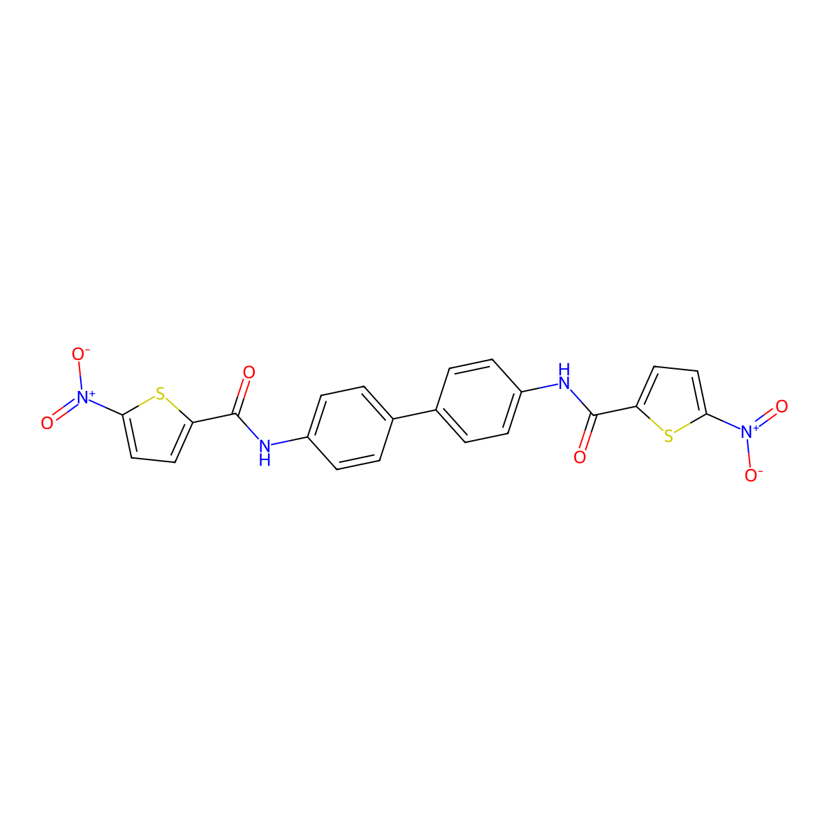 5-nitro-N-[4'-(5-nitrothiophene-2-amido)-[1,1'-biphenyl]-4-yl]thiophene-2-carboxamide molecular structure, CAS 392326-80-6