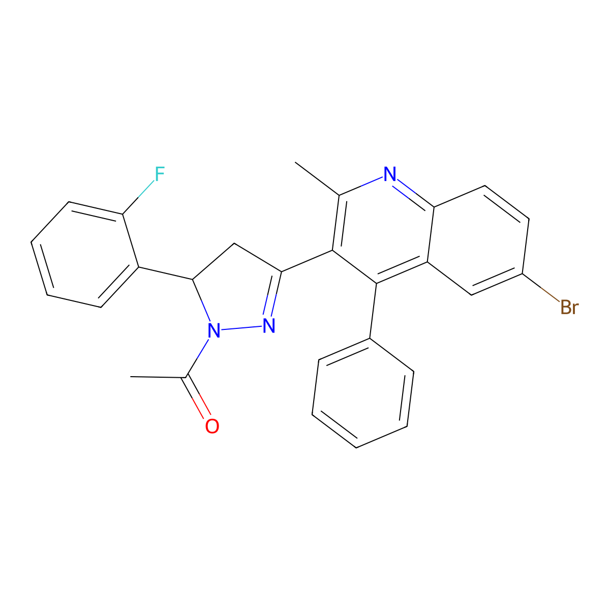 1-(3-(6-bromo-2-methyl-4-phenylquinolin-3-yl)-5-(2-fluorophenyl)-4,5-dihydro-1H-pyrazol-1-yl)ethanone molecular structure, CAS 392327-27-4