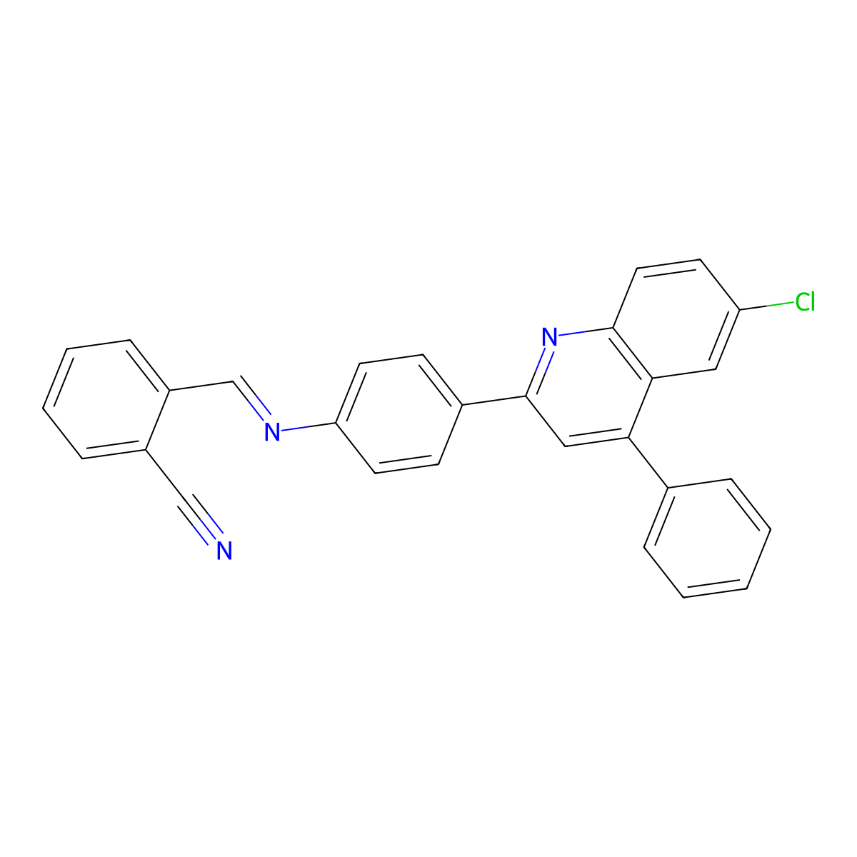 (E)-2-(((4-(6-chloro-4-phenylquinolin-2-yl)phenyl)imino)methyl)benzonitrile molecular structure, CAS 392327-55-8