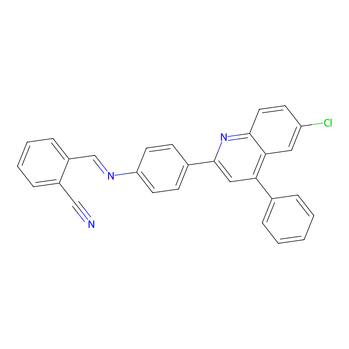 (E)-2-(((4-(6-chloro-4-phenylquinolin-2-yl)phenyl)imino)methyl)benzonitrile molecular structure, CAS 392327-55-8