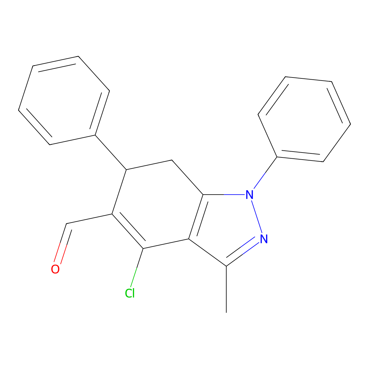 4-chloro-3-methyl-1,6-diphenyl-6,7-dihydro-1H-indazole-5-carbaldehyde molecular structure, CAS 39239-25-3