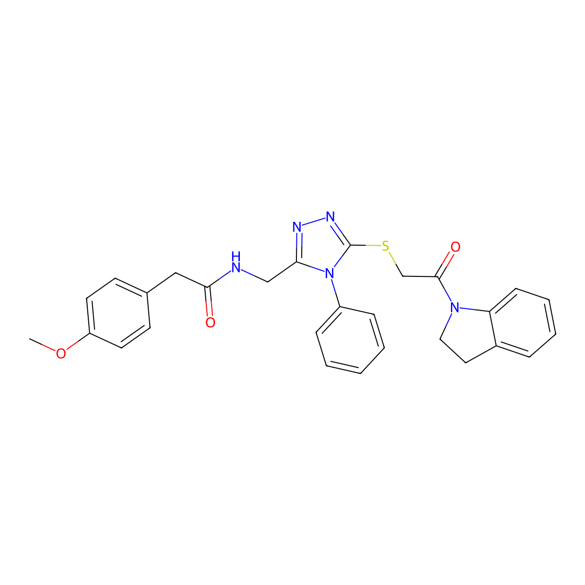 N-((5-((2-(indolin-1-yl)-2-oxoethyl)thio)-4-phenyl-4H-1,2,4-triazol-3-yl)methyl)-2-(4-methoxyphenyl)acetamide molecular structure, CAS 392680-01-2