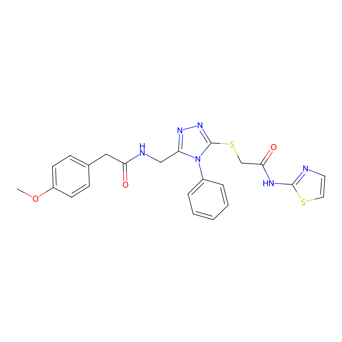 2-(4-methoxyphenyl)-N-((5-((2-oxo-2-(thiazol-2-ylamino)ethyl)thio)-4-phenyl-4H-1,2,4-triazol-3-yl)methyl)acetamide molecular structure, CAS 392680-02-3