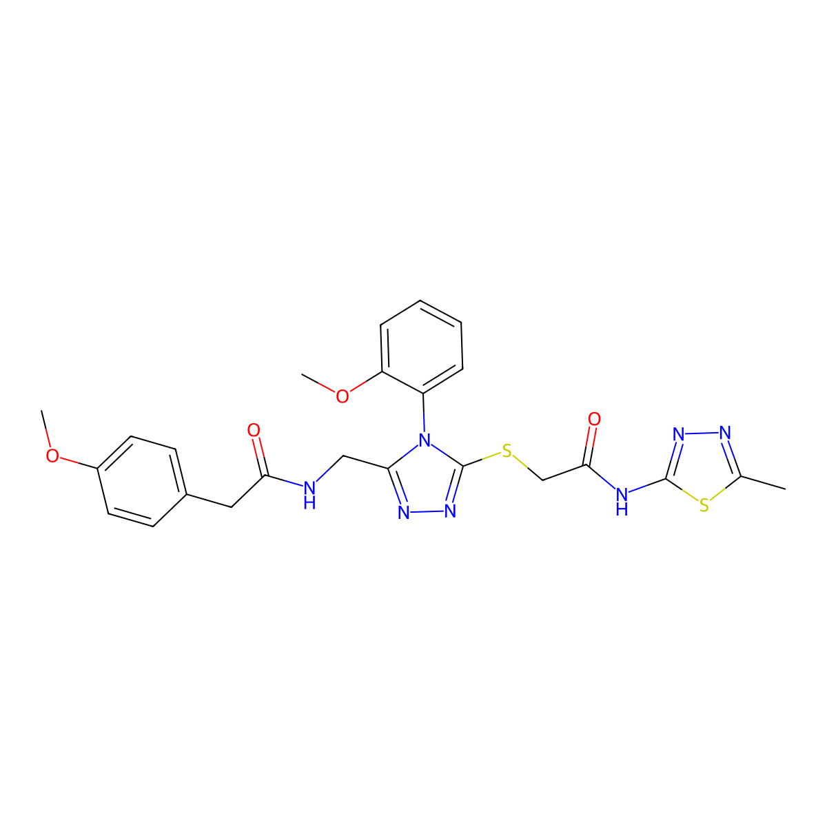 2-(4-methoxyphenyl)-N-((4-(2-methoxyphenyl)-5-((2-((5-methyl-1,3,4-thiadiazol-2-yl)amino)-2-oxoethyl)thio)-4H-1,2,4-triazol-3-yl)methyl)acetamide molecular structure, CAS 392680-30-7