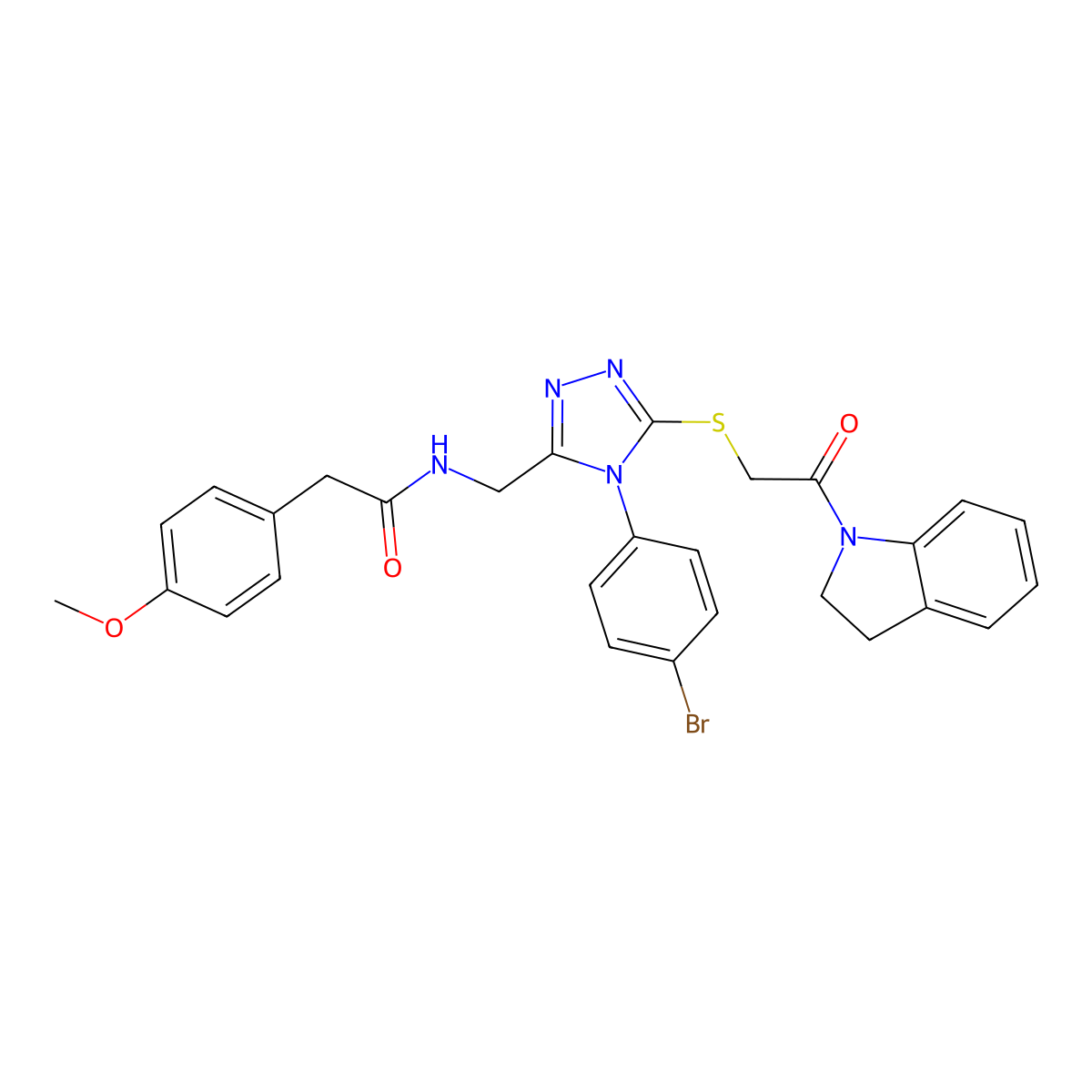 N-((4-(4-bromophenyl)-5-((2-(indolin-1-yl)-2-oxoethyl)thio)-4H-1,2,4-triazol-3-yl)methyl)-2-(4-methoxyphenyl)acetamide molecular structure, CAS 392680-41-0