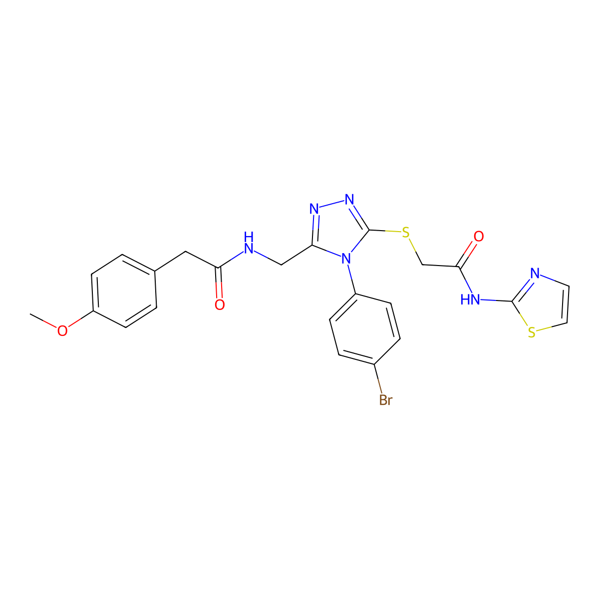 2-((4-(4-bromophenyl)-5-((2-(4-methoxyphenyl)acetamido)methyl)-4H-1,2,4-triazol-3-yl)thio)-N-(thiazol-2-yl)acetamide molecular structure, CAS 392680-42-1