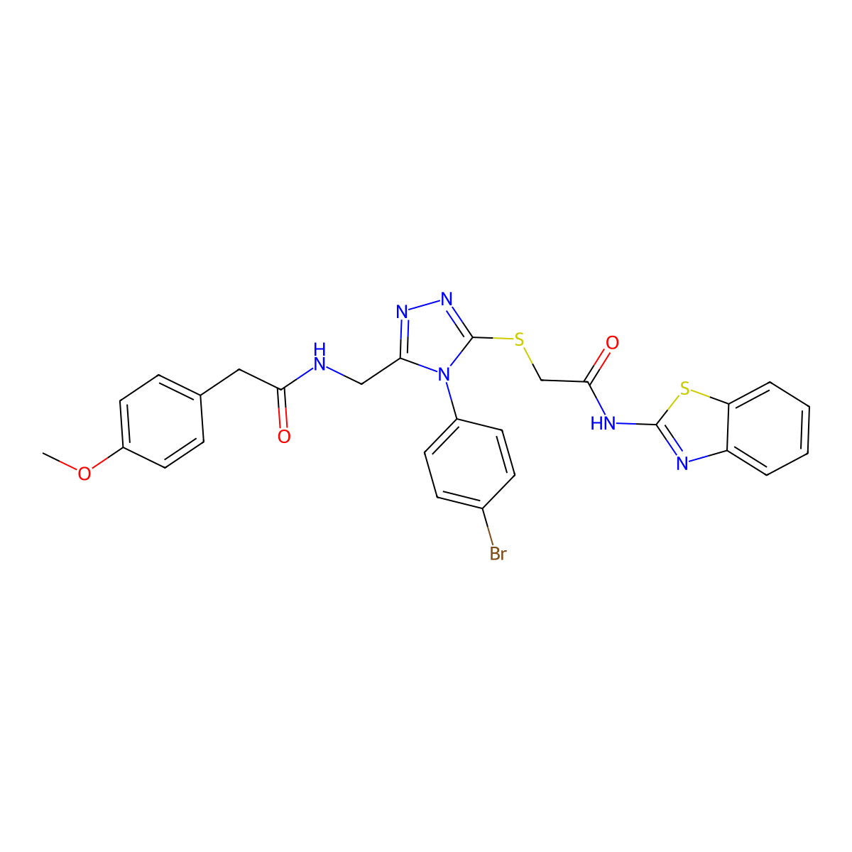 N-(benzo[d]thiazol-2-yl)-2-((4-(4-bromophenyl)-5-((2-(4-methoxyphenyl)acetamido)methyl)-4H-1,2,4-triazol-3-yl)thio)acetamide molecular structure, CAS 392680-43-2