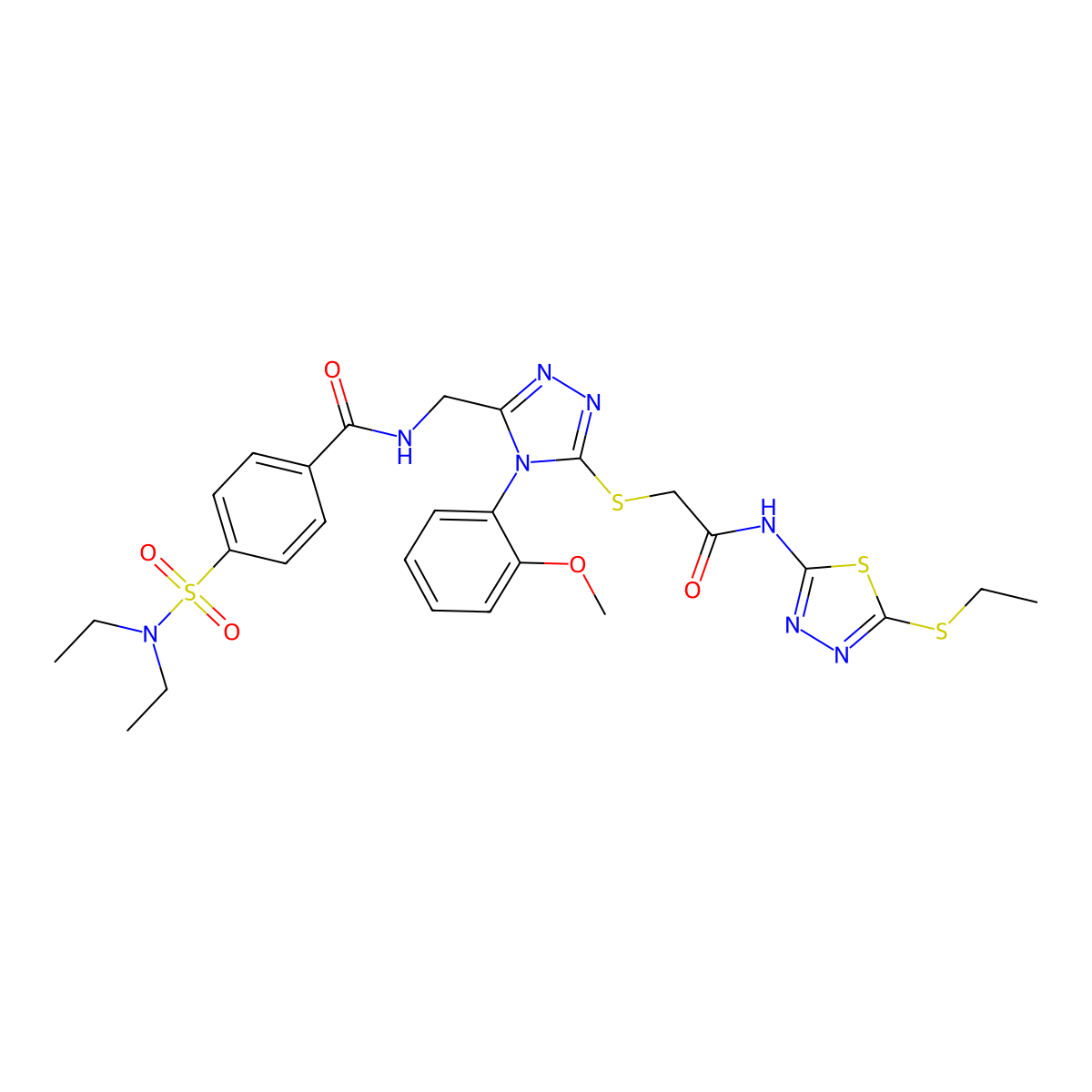 4-(diethylsulfamoyl)-N-[[5-[2-[(5-ethylsulfanyl-1,3,4-thiadiazol-2-yl)amino]-2-oxoethyl]sulfanyl-4-(2-methoxyphenyl)-1,2,4-triazol-3-yl]methyl]benzamide molecular structure, CAS 392681-60-6