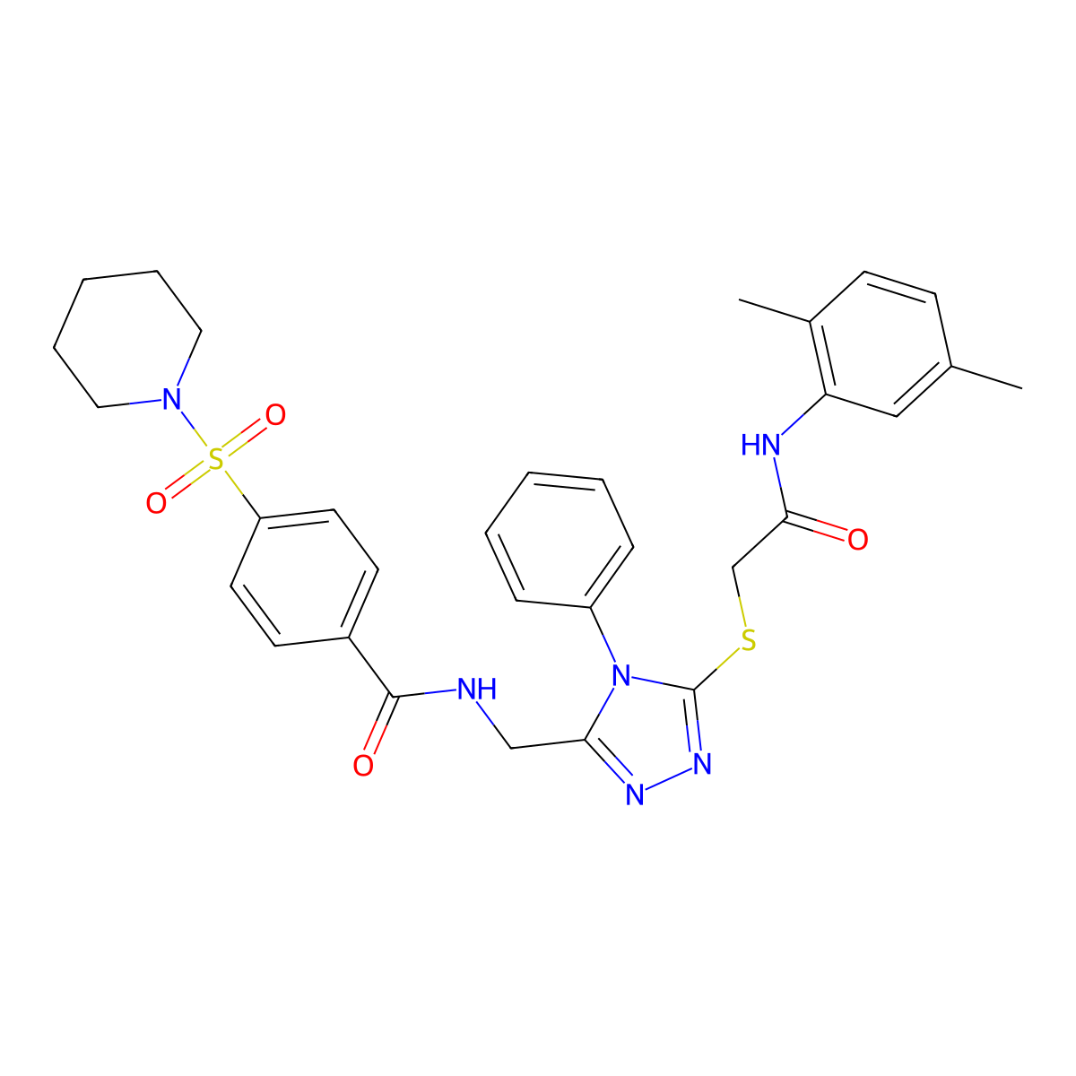 N-[[5-[2-(2,5-dimethylanilino)-2-oxoethyl]sulfanyl-4-phenyl-1,2,4-triazol-3-yl]methyl]-4-piperidin-1-ylsulfonylbenzamide molecular structure, CAS 392682-58-5