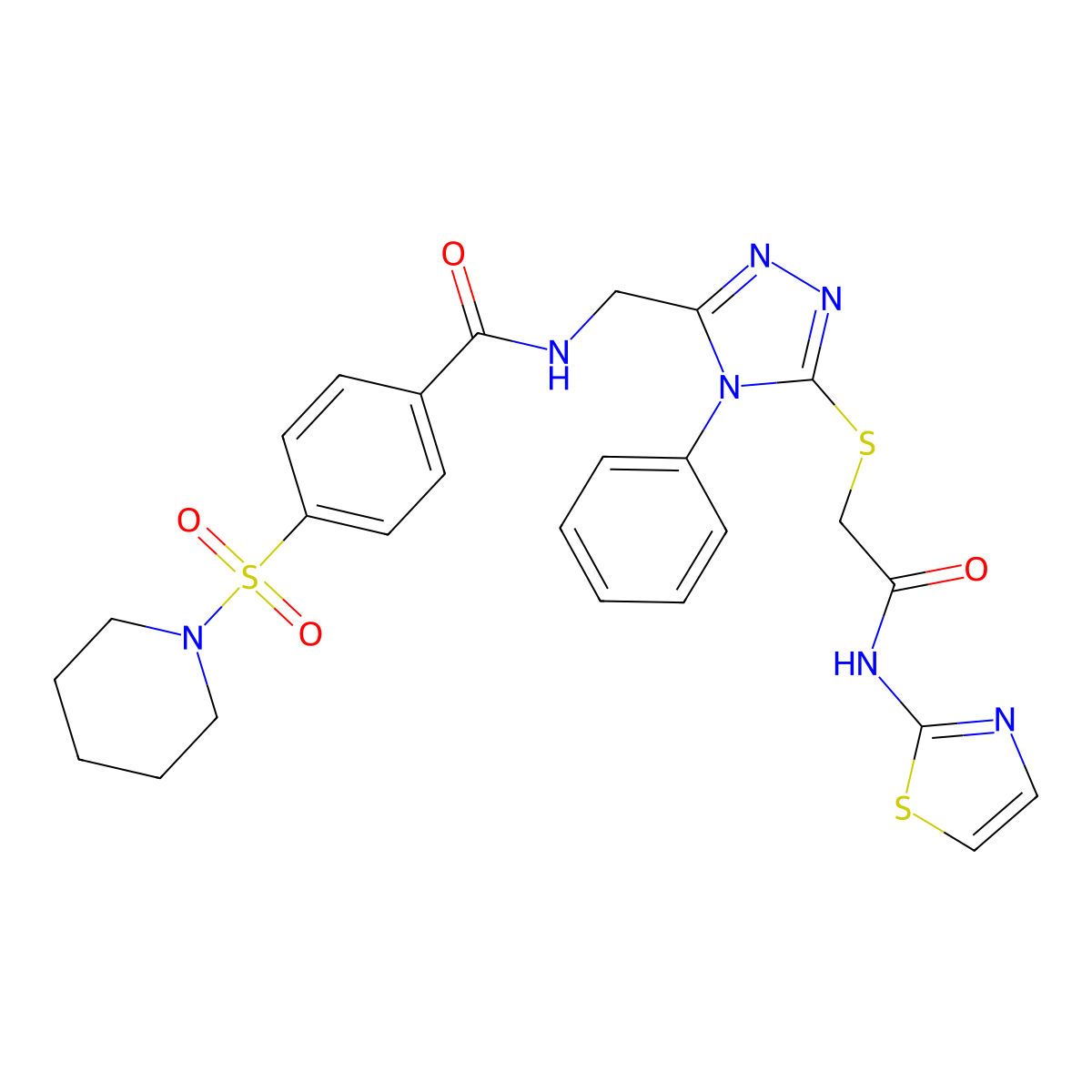 N-((5-((2-oxo-2-(thiazol-2-ylamino)ethyl)thio)-4-phenyl-4H-1,2,4-triazol-3-yl)methyl)-4-(piperidin-1-ylsulfonyl)benzamide molecular structure, CAS 392682-71-2