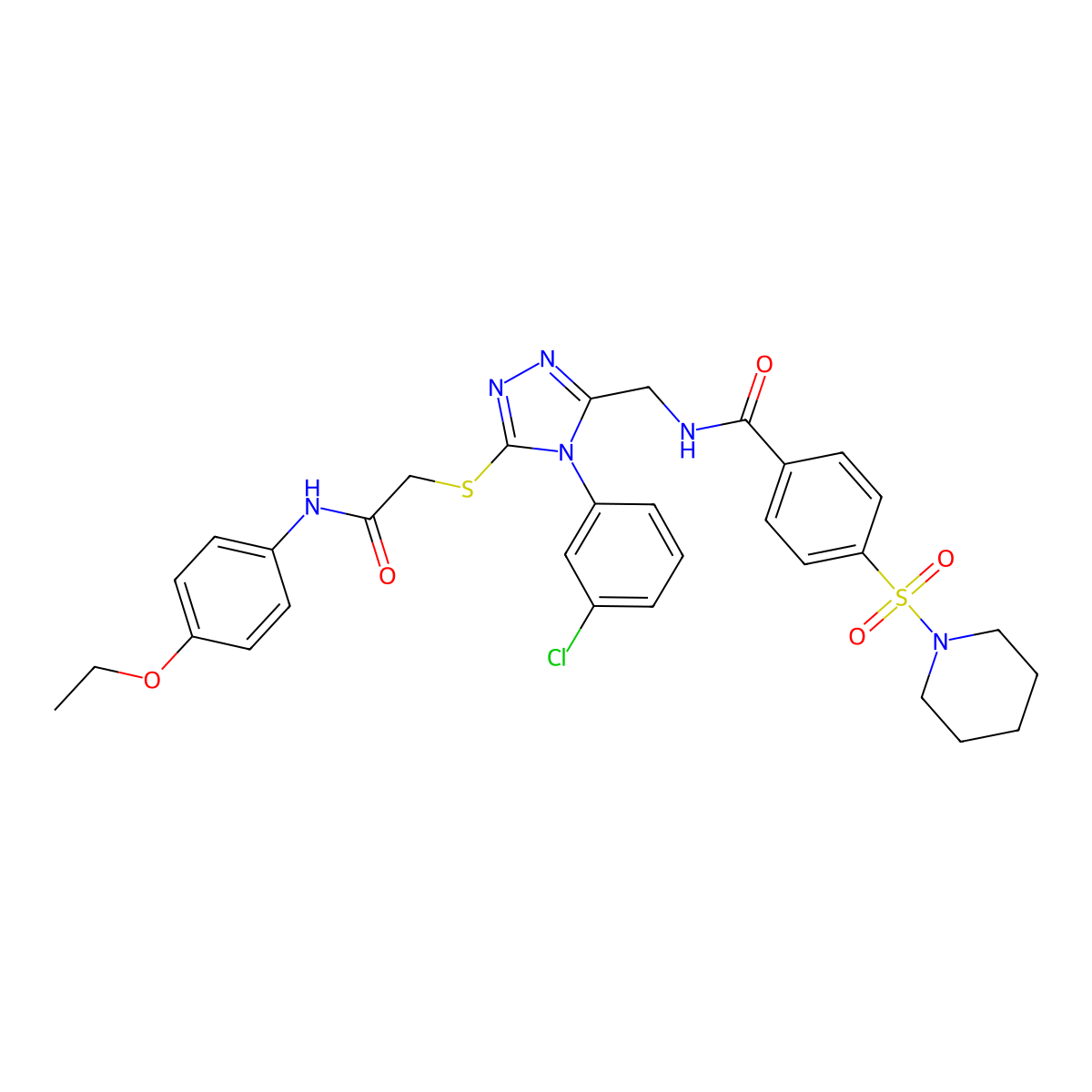 N-((4-(3-chlorophenyl)-5-((2-((4-ethoxyphenyl)amino)-2-oxoethyl)thio)-4H-1,2,4-triazol-3-yl)methyl)-4-(piperidin-1-ylsulfonyl)benzamide molecular structure, CAS 392682-93-8