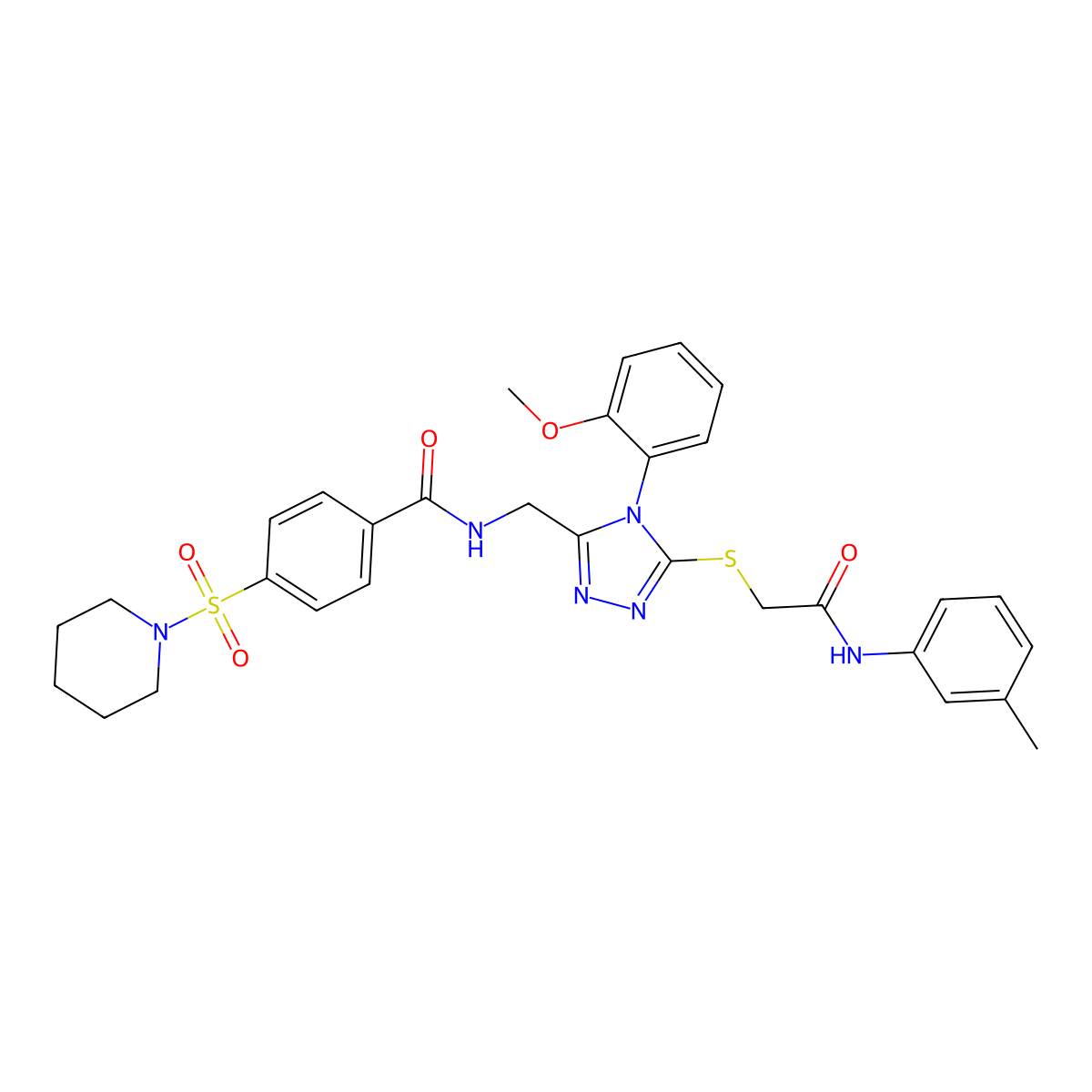 N-((4-(2-methoxyphenyl)-5-((2-oxo-2-(m-tolylamino)ethyl)thio)-4H-1,2,4-triazol-3-yl)methyl)-4-(piperidin-1-ylsulfonyl)benzamide molecular structure, CAS 392683-11-3