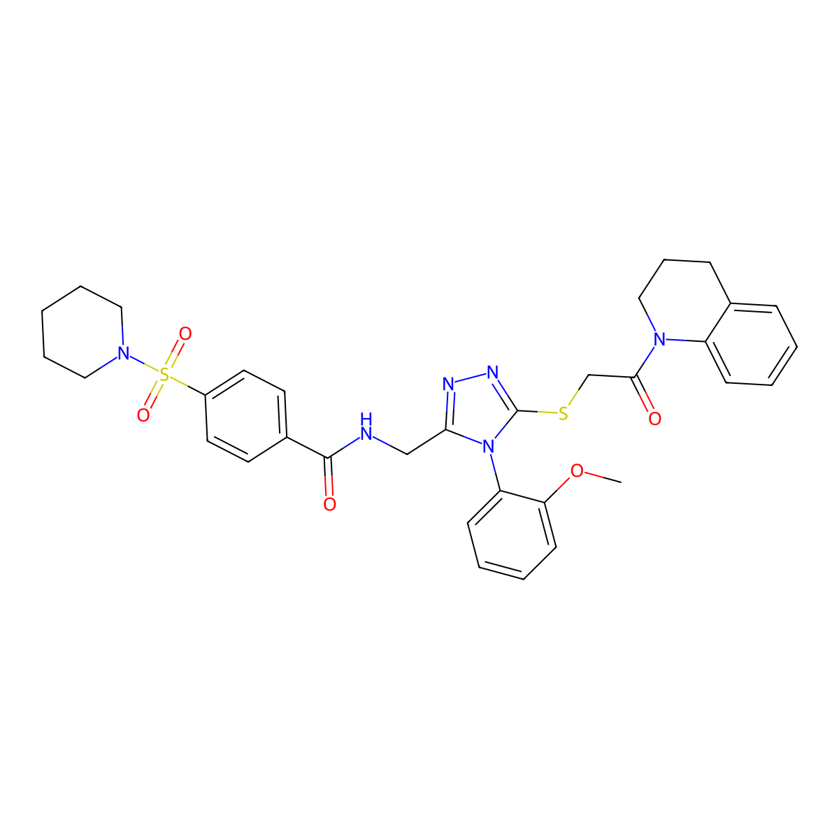 N-((5-((2-(3,4-dihydroquinolin-1(2H)-yl)-2-oxoethyl)thio)-4-(2-methoxyphenyl)-4H-1,2,4-triazol-3-yl)methyl)-4-(piperidin-1-ylsulfonyl)benzamide molecular structure, CAS 392683-23-7