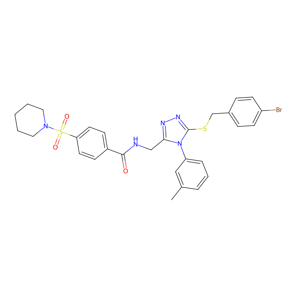 N-((5-((4-bromobenzyl)thio)-4-(m-tolyl)-4H-1,2,4-triazol-3-yl)methyl)-4-(piperidin-1-ylsulfonyl)benzamide molecular structure, CAS 392683-57-7