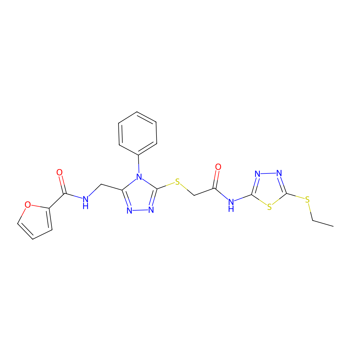 N-({5-[({[5-(ethylsulfanyl)-1,3,4-thiadiazol-2-yl]carbamoyl}methyl)sulfanyl]-4-phenyl-4H-1,2,4-triazol-3-yl}methyl)furan-2-carboxamide molecular structure, CAS 392684-70-7