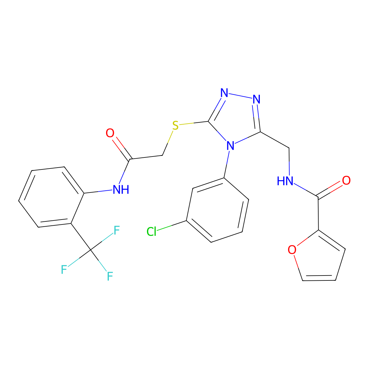 N-((4-(3-chlorophenyl)-5-((2-oxo-2-((2-(trifluoromethyl)phenyl)amino)ethyl)thio)-4H-1,2,4-triazol-3-yl)methyl)furan-2-carboxamide molecular structure, CAS 392684-76-3