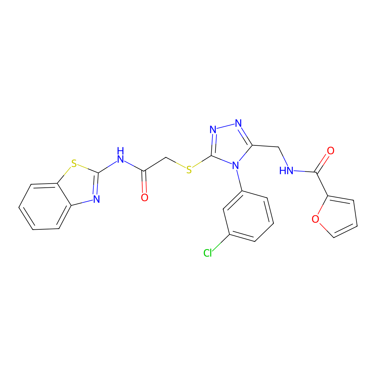 N-((5-((2-(benzo[d]thiazol-2-ylamino)-2-oxoethyl)thio)-4-(3-chlorophenyl)-4H-1,2,4-triazol-3-yl)methyl)furan-2-carboxamide molecular structure, CAS 392684-82-1