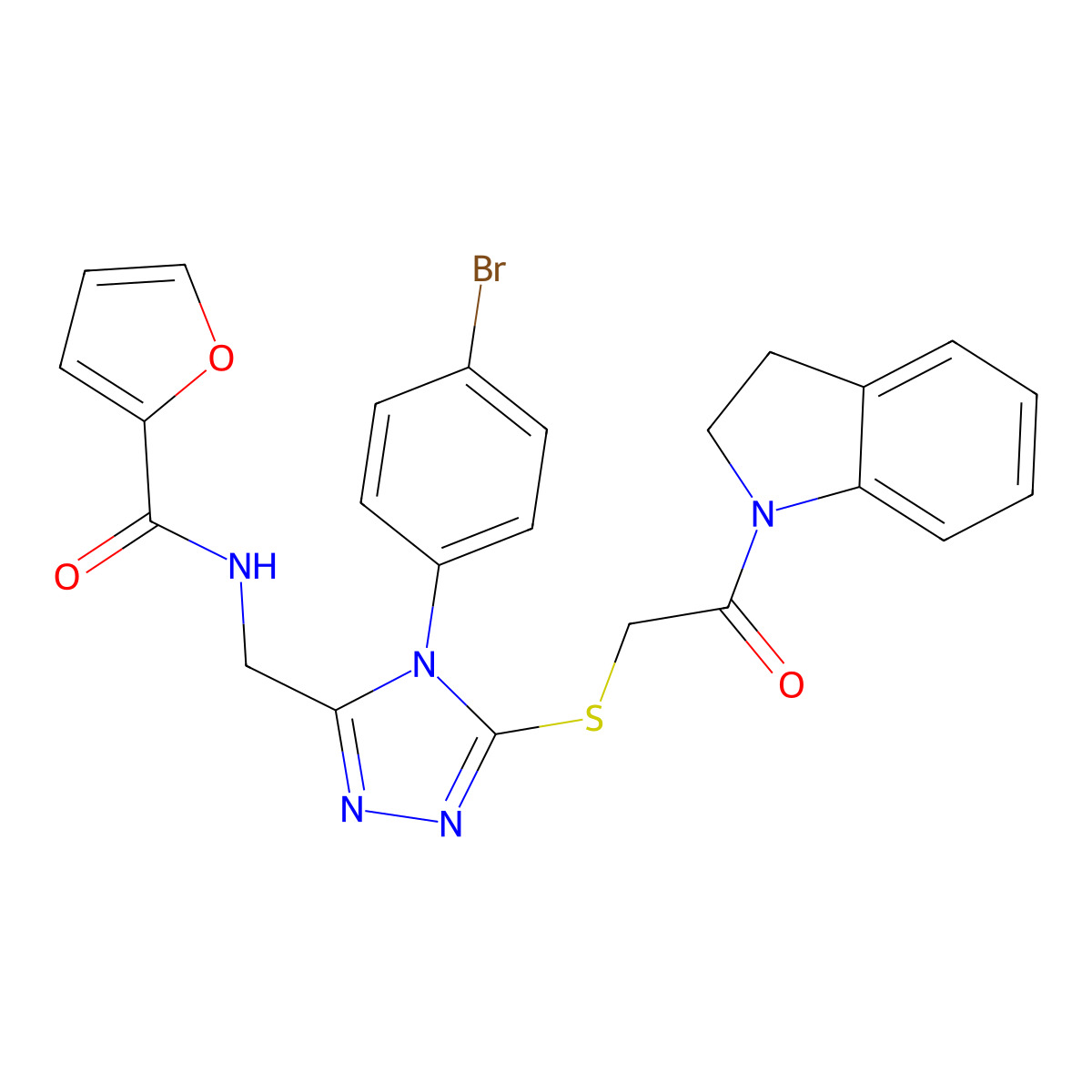 N-((4-(4-bromophenyl)-5-((2-(indolin-1-yl)-2-oxoethyl)thio)-4H-1,2,4-triazol-3-yl)methyl)furan-2-carboxamide molecular structure, CAS 392684-98-9