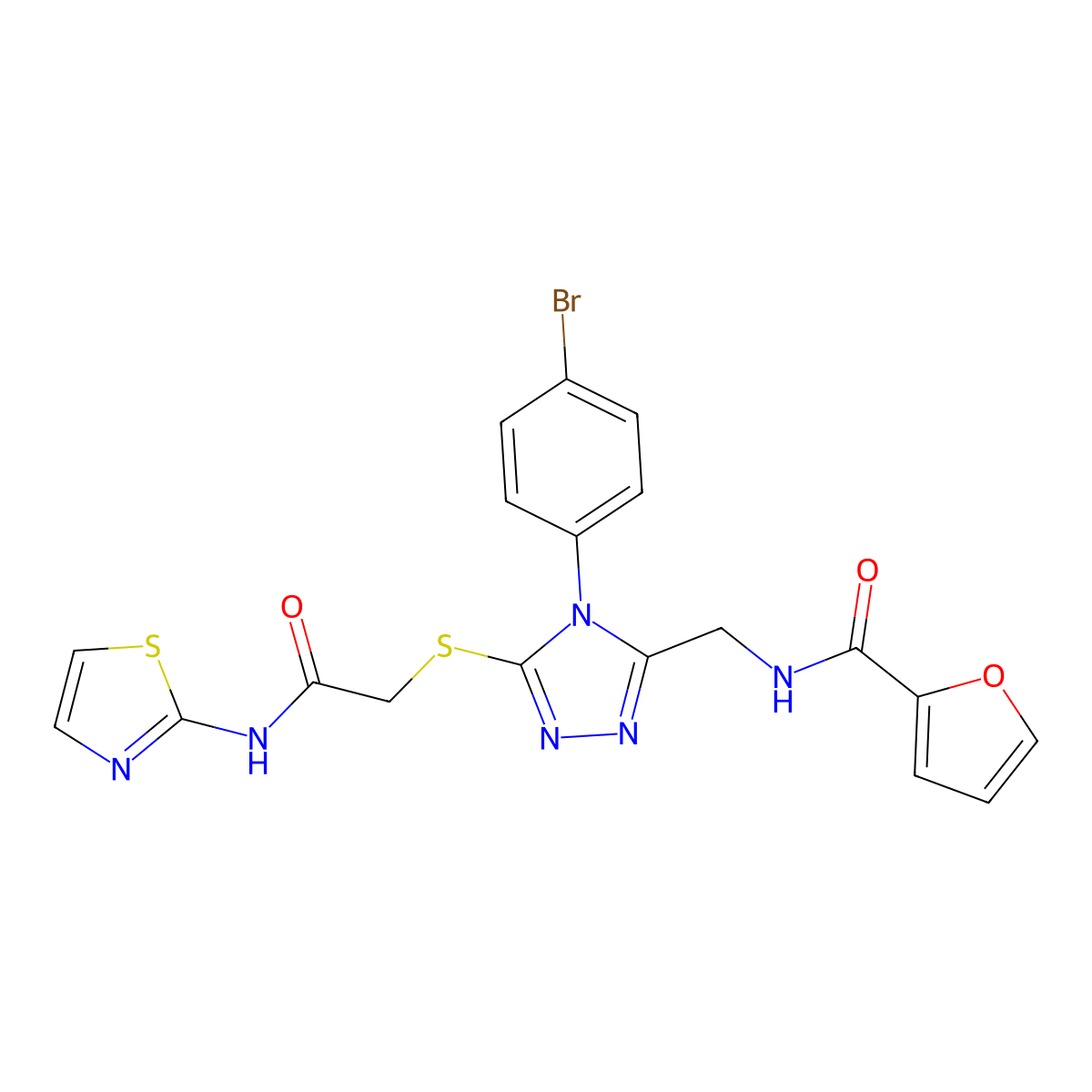 N-((4-(4-bromophenyl)-5-((2-oxo-2-(thiazol-2-ylamino)ethyl)thio)-4H-1,2,4-triazol-3-yl)methyl)furan-2-carboxamide molecular structure, CAS 392684-99-0