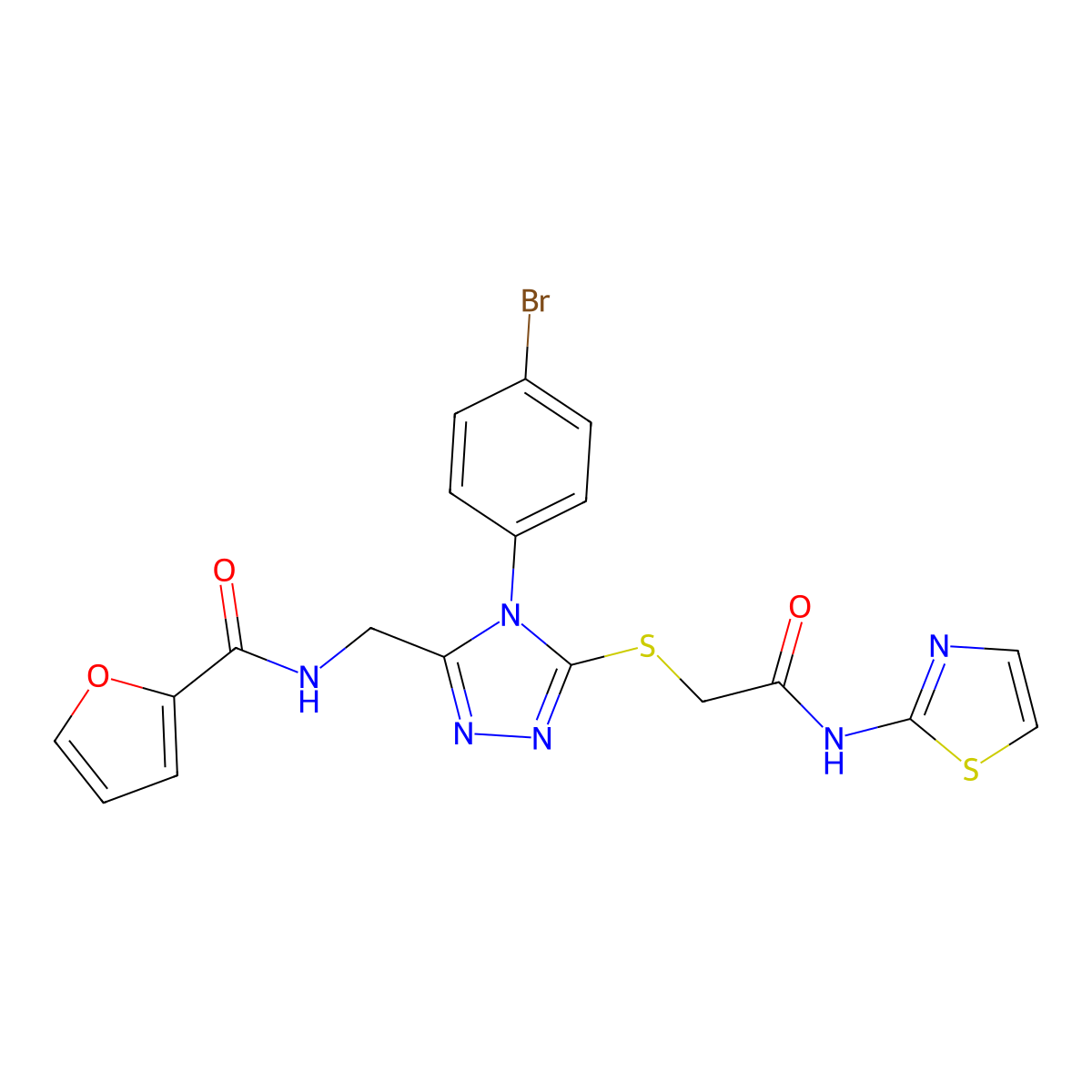 N-((4-(4-bromophenyl)-5-((2-oxo-2-(thiazol-2-ylamino)ethyl)thio)-4H-1,2,4-triazol-3-yl)methyl)furan-2-carboxamide molecular structure, CAS 392684-99-0