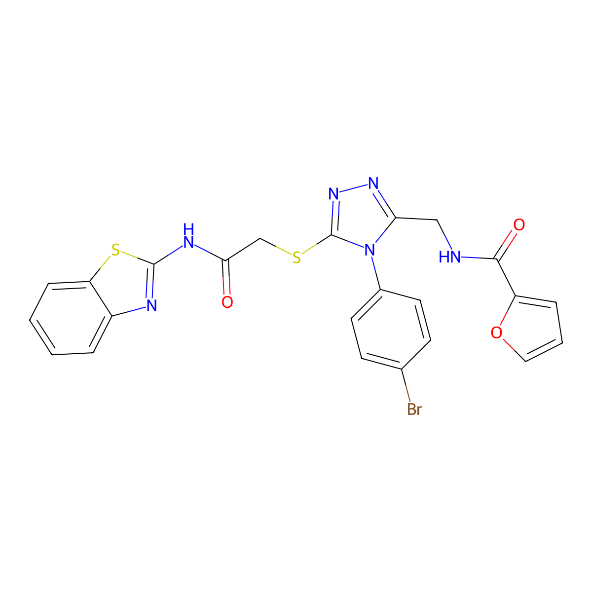 N-((5-((2-(benzo[d]thiazol-2-ylamino)-2-oxoethyl)thio)-4-(4-bromophenyl)-4H-1,2,4-triazol-3-yl)methyl)furan-2-carboxamide molecular structure, CAS 392685-00-6