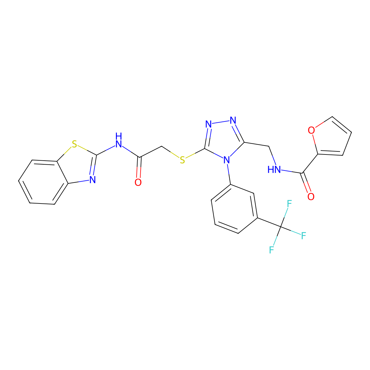 N-((5-((2-(benzo[d]thiazol-2-ylamino)-2-oxoethyl)thio)-4-(3-(trifluoromethyl)phenyl)-4H-1,2,4-triazol-3-yl)methyl)furan-2-carboxamide molecular structure, CAS 392685-21-1