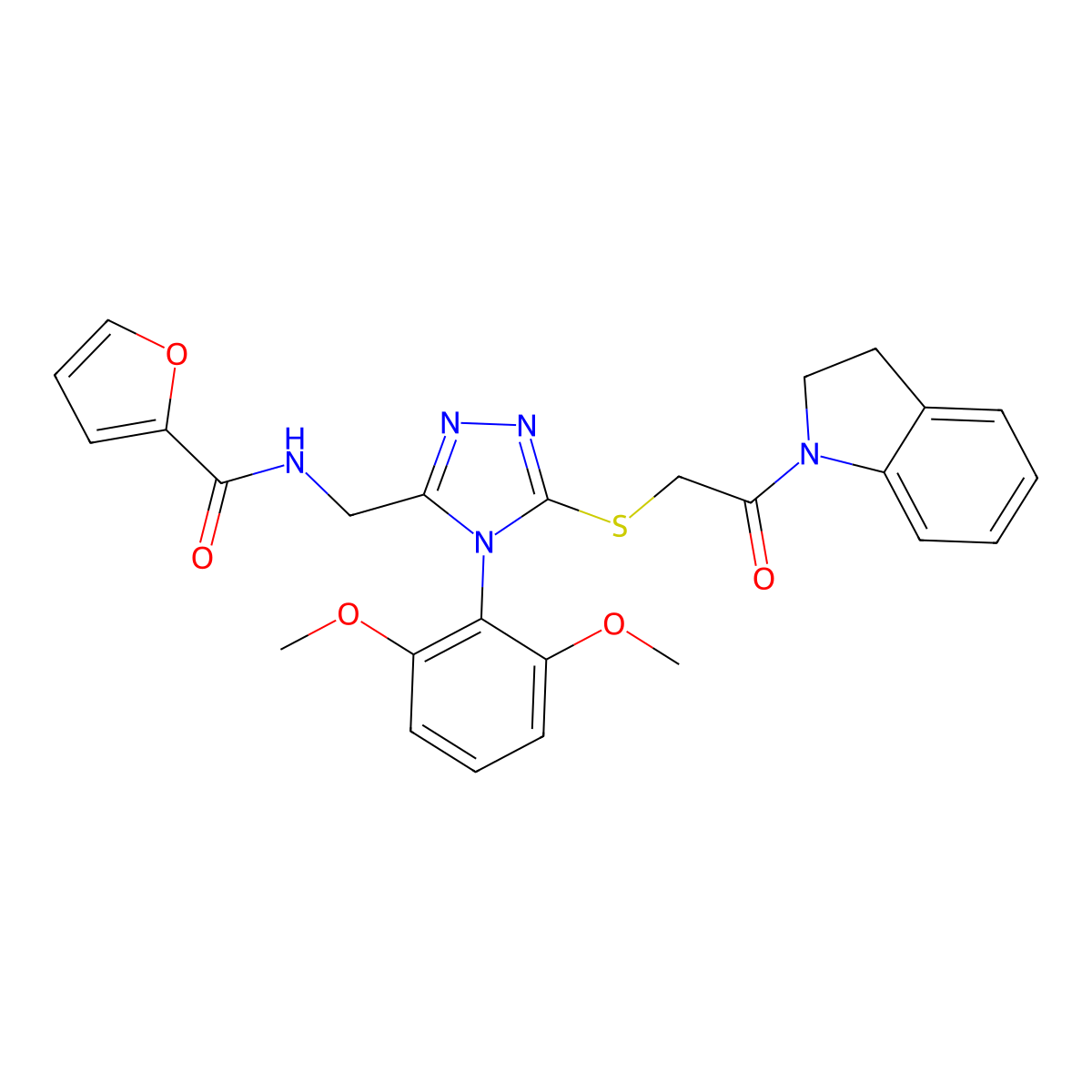 N-((4-(2,6-dimethoxyphenyl)-5-((2-(indolin-1-yl)-2-oxoethyl)thio)-4H-1,2,4-triazol-3-yl)methyl)furan-2-carboxamide molecular structure, CAS 392685-25-5