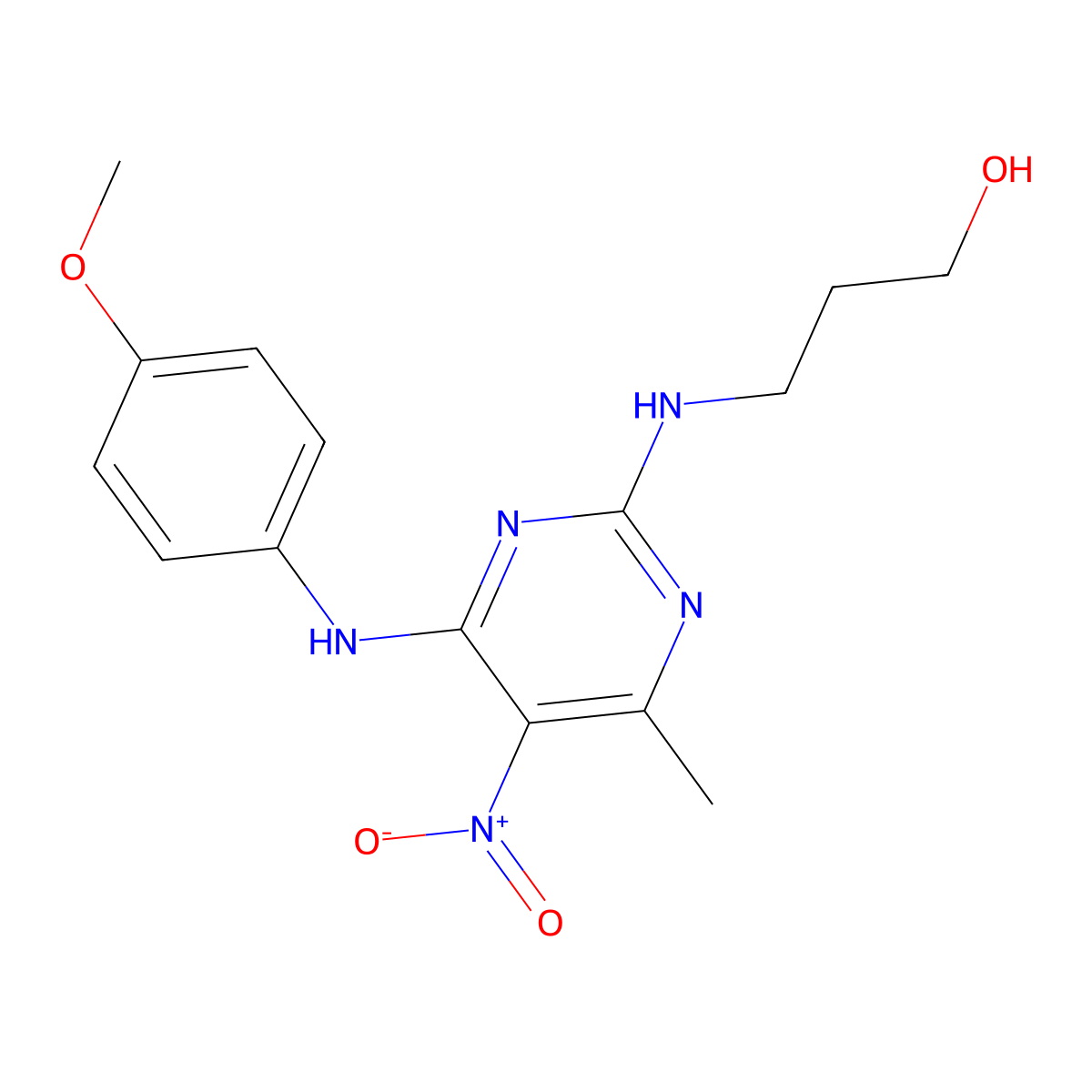 3-((4-((4-Methoxyphenyl)amino)-6-methyl-5-nitropyrimidin-2-yl)amino)propan-1-ol molecular structure, CAS 392732-14-8